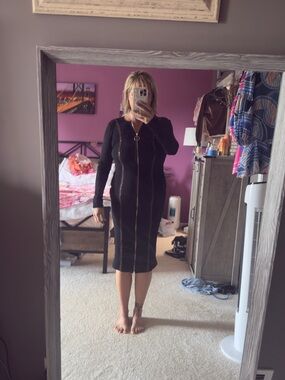Black Zip-Front Bodycon Dress w/ bronze detailing / shimmer